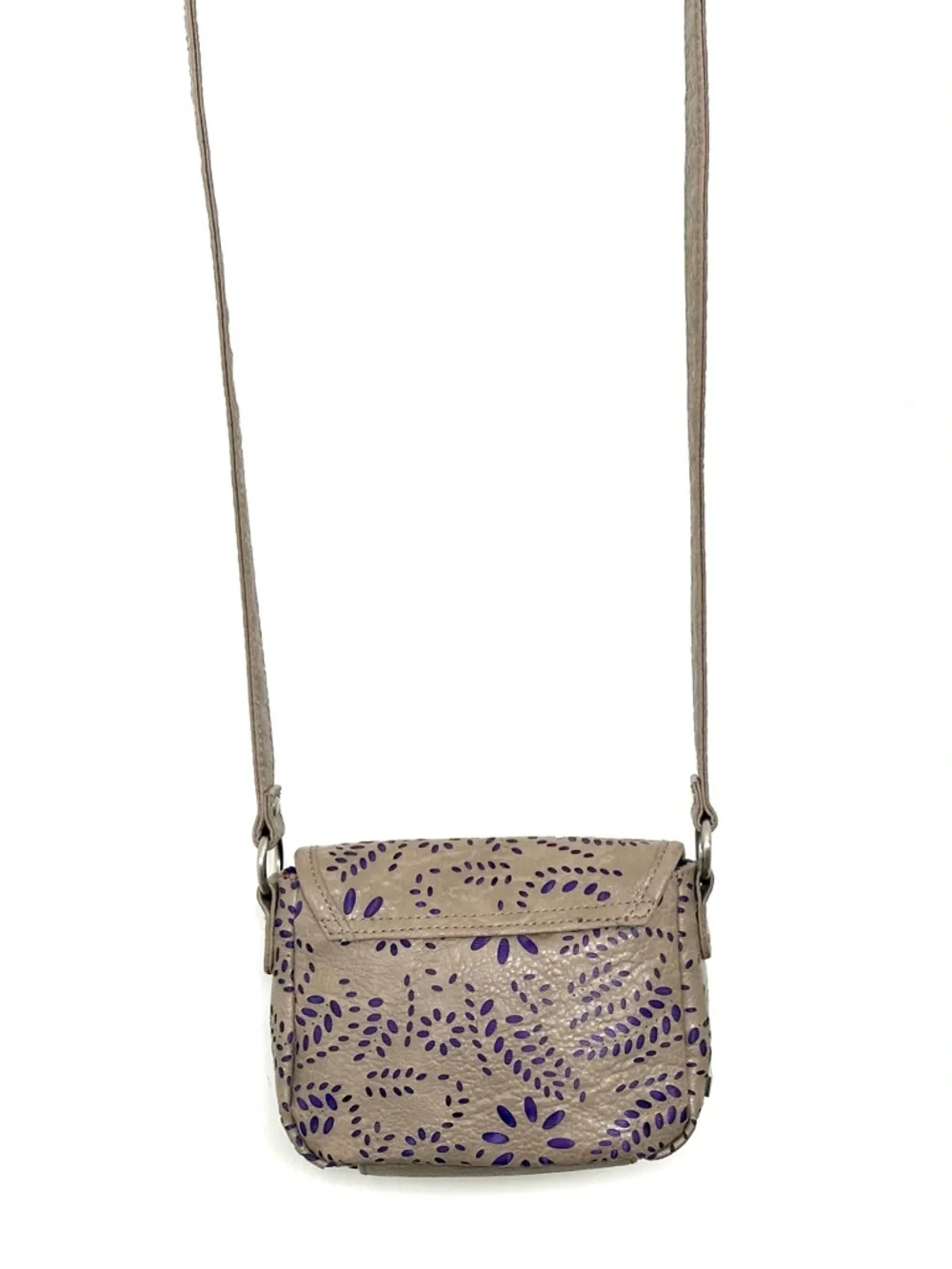 Kensie Girl Taupe Laser-Cut Mini Crossbody Bag with Purple Accent